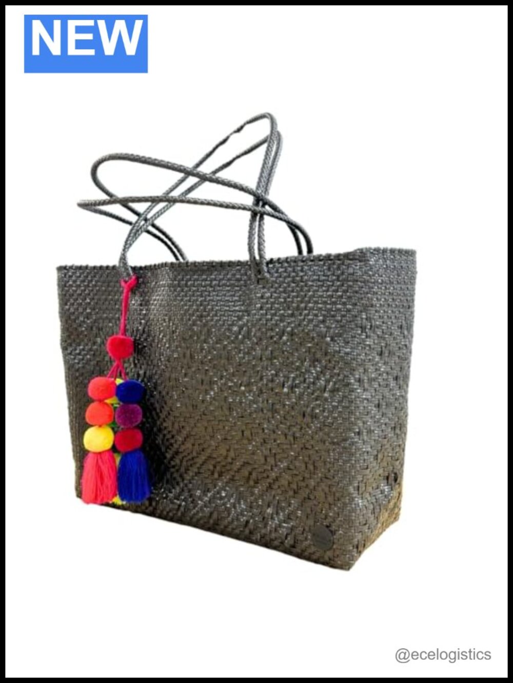 Large Woven Recycled Plastic Tote, Water-Resistant Market Beach Bag with Tassel